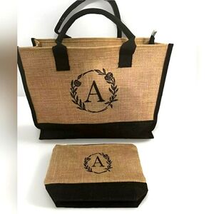Initial Jute Canvas Tote Bag LinenPersonalized Present Wedding Beach Travel Gift
